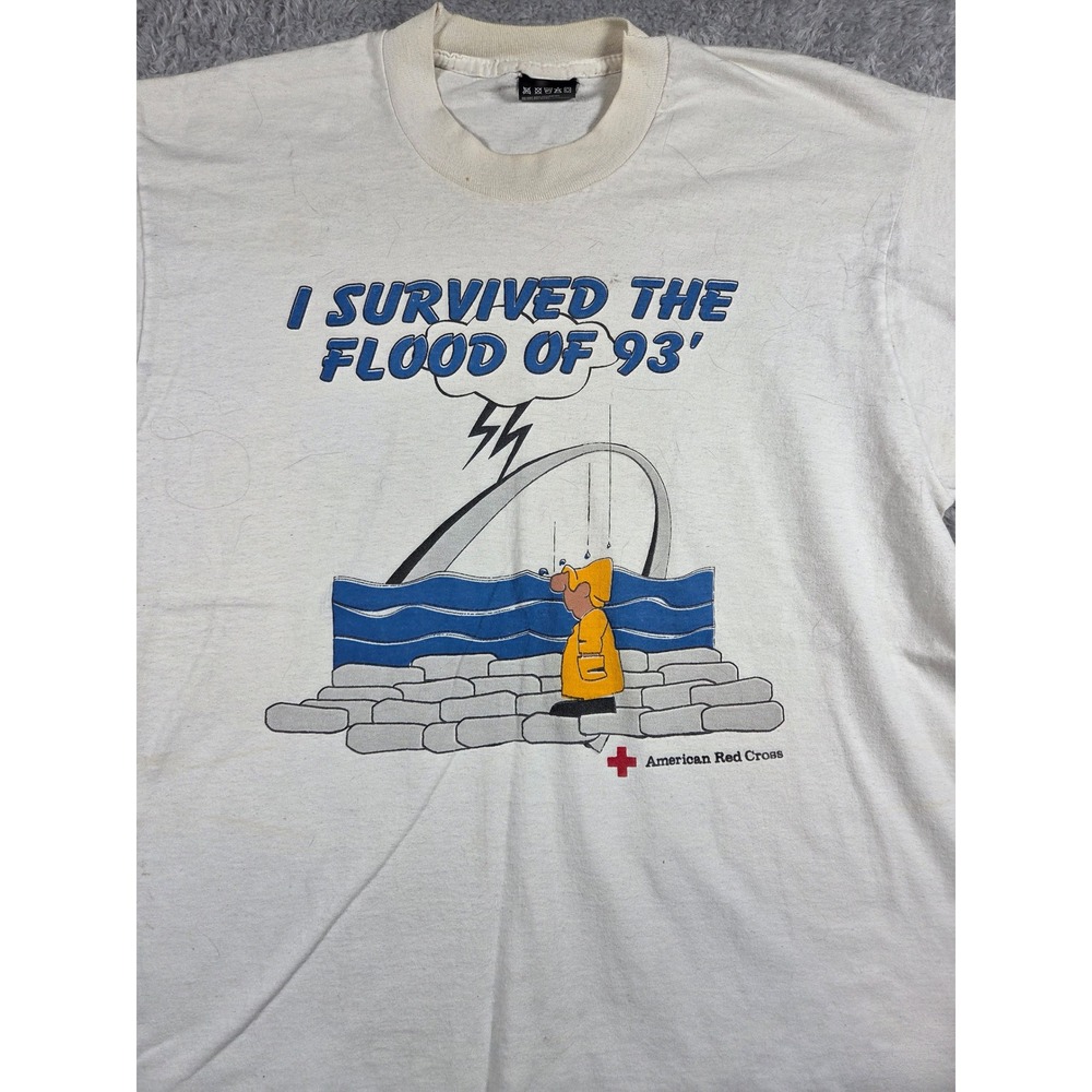 Fruit of the Loom T-Shirt Large White Mens I Survived The Flood Of 93 Vintage